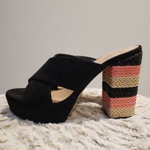 Mix No. 6 Logahn slide mule, Black with multi color raffia heel Sz 6